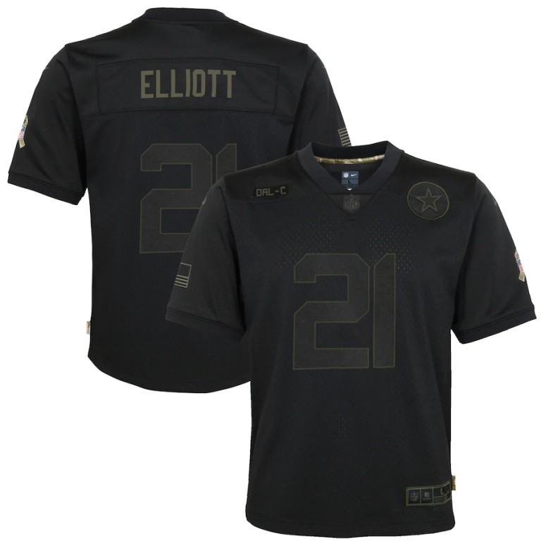 NFL Dallas Cowboys #21 Ezekiel Elliott Nike Youth 2020 Salute to Service Game  Black jerseys